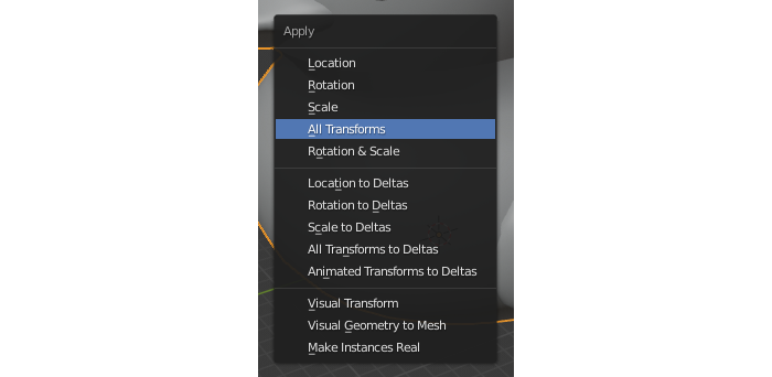 Changes made in the object mode in Blender have to be applied. Going into details would be outside the scope of this post, but even as a programmer, I recommend learning the basics of Blender. It comes in handy.