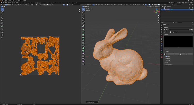 UV Editing workspace in Blender shows selected faces in the left unwrapped in UV space.