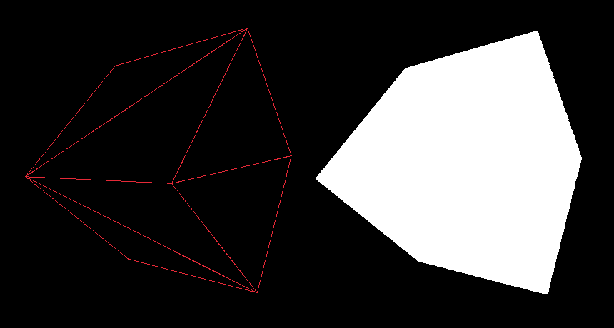 Render modes, from left: (1) wireframe with backface culling enabled, (2) triangles filled with a solid color, unlit mode.