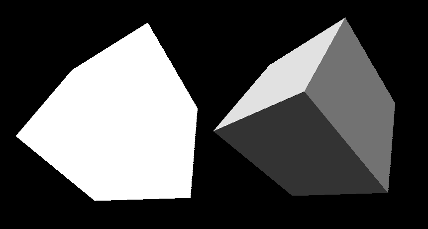 From left: (1) triangles filled with the same color, unlit mode; (2) triangles filled with color that has brightness based on orientation to light source.