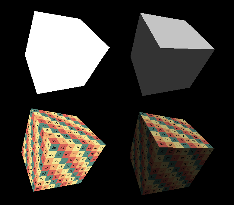Rendering modes from top left, clockwise: unlit, flat shaded, textured flat shaded and textured unlit. The first two are already implemented, the other two will be added today.
