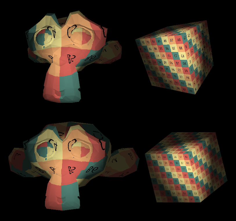 The monkey and the cube at the top are rendered with the perspective matrix, the bottom pair with the orthographic.
