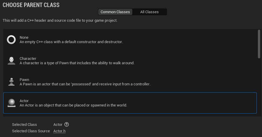 According to the Unreal Engine documentation, "An Actor is any object that can be placed into a level… Actors support 3D transformations such as translation, rotation, and scaling", which makes it the perfect parent class for our needs.