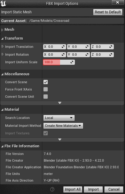We keep all settings at their default values, except the Import Uniform Scale, which we set to 100.0 units.