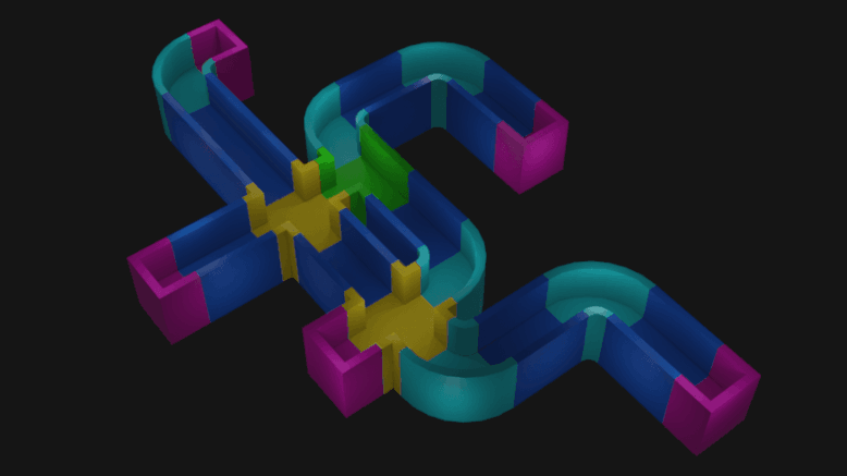 A small maze assembled by hand from modular pieces in Blender. You can rewrite the code from this tutorial series to Python and procedurally generate mazes in Blender. The underlying logic would be the same.