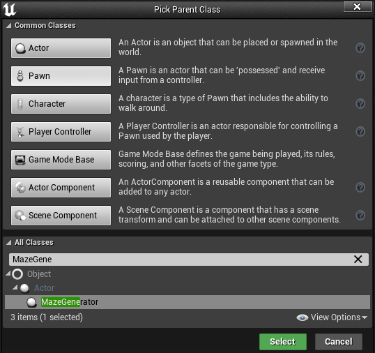 BP_MazeGenerator is a BluePrint class we're going to place to our level.