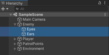 Eyes and Ears component are attached to child game objects of Enemy.