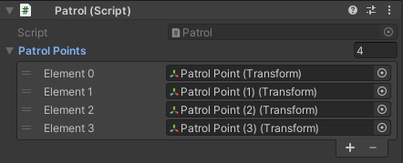 Patrol points are assigned in the Inspector from the scene Hierarchy, where you can see them as children of PatrolPoints game object.