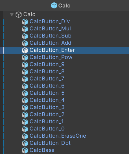 The Calc.prefab and the game objects it's made of after changes.