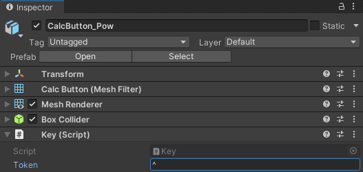 Assign ^ as a value of Key.token on CalcButton_Pow. CalcButton_Div, _Mul, _Sub, _Add, _LeftBracket, _RightBracker, and _Dot get /, *, -, +, (, ) and . respectively.