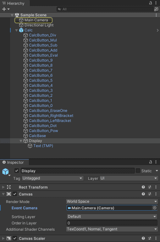 A Calc prefab expanded in the hierarchy of a basic Unity scene.
